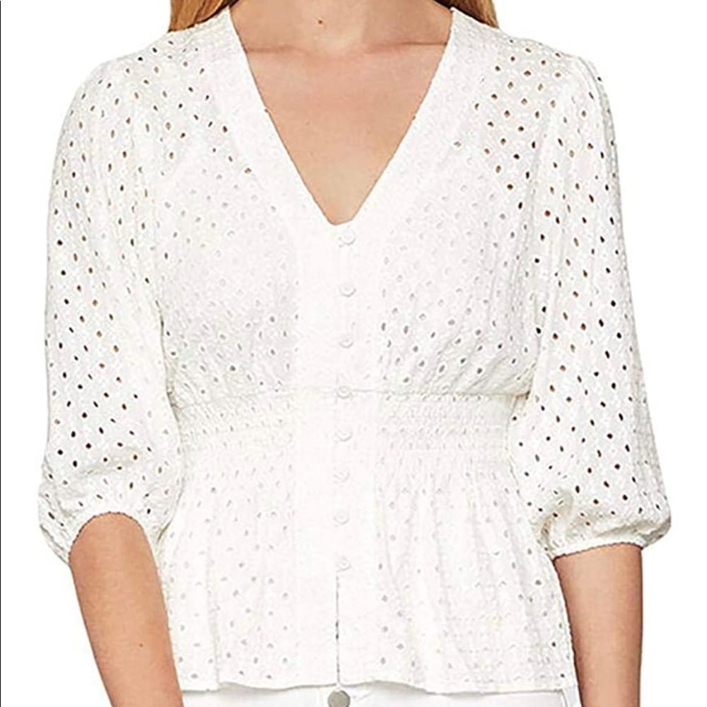 🆕 BCBGMAXAZRIA White Eyelet Peplum Top - L